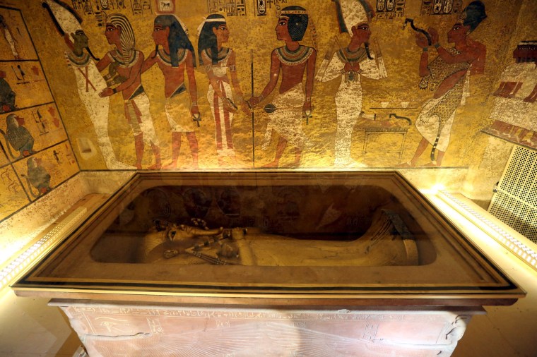 Image: The golden sarcophagus of King Tutankhamun in his burial chamber is seen in the Valley of the Kings, in Luxor