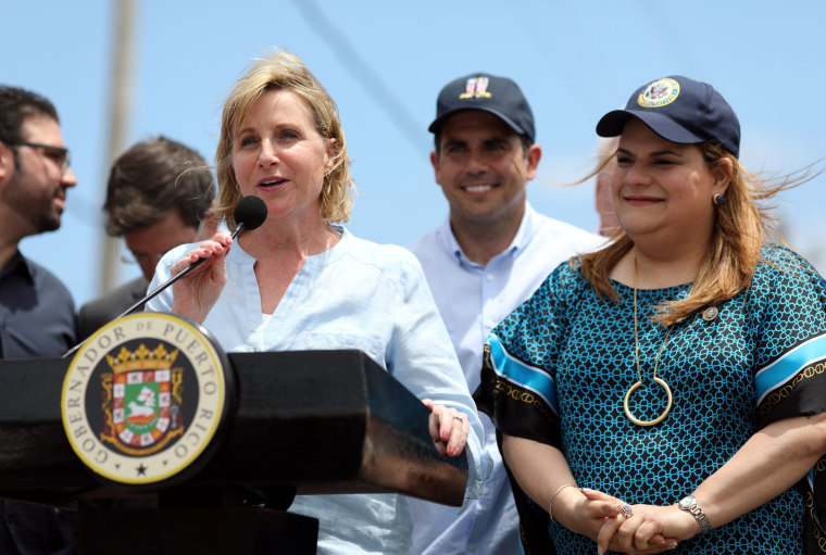 Image: U.S. Deputy Secretary of Housing and Urban Development Pamela Hughes Patenaude addresses the media and residents, next to Puerto Rico Governor Ricardo Rossello and Resident Commissionar of Puerto Rico Jenniffer Gonzalez, in Canovanas