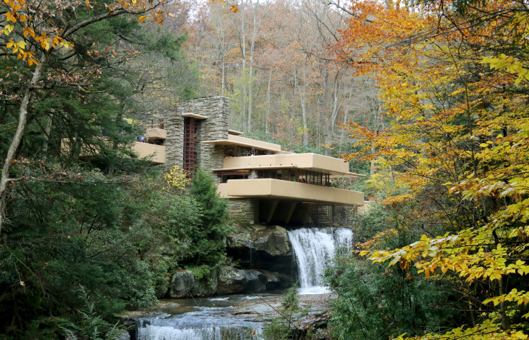 Frank Lloyd Wright's architectural masterpiece Fallingwater, the summer home commissioned by Pittsburgh department store owner Edgar Kaufmann in 1938, in Mill Run, Pennsylvania.