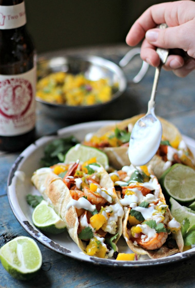 Smokey Shrimp Tacos with Chorizo Beans and Mango Salsa