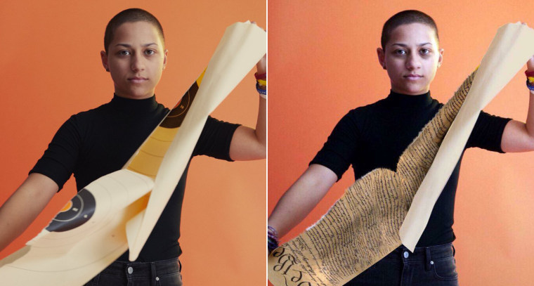 Parkland shooting survivor Emma Gonzalez is pictured ripping up a shooting range target. A doctored photo on the right circulated the internet, depicting Gonzalez tearing apart the U.S. Constitution.