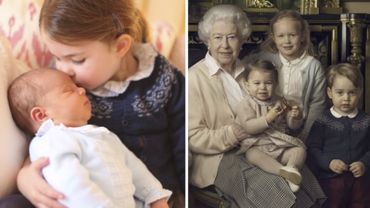 The Duke and Duchess of Cambridge are very pleased to share this photograph of Princess Charlotte and Prince Louis. / The Queen surrounded by her two youngest grandchildren and her five great-grandchildren.