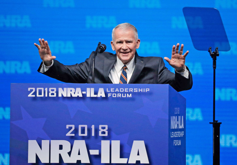 Image: US Marine Corps Lt. Col. (Ret.) Oliver North speaks at an NRA convention in Dallas