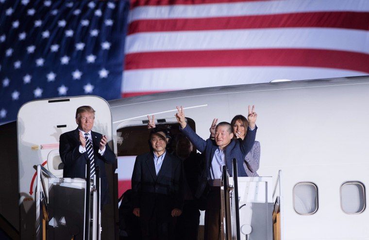 Image: Trump welcomes back Americans released by North Korea