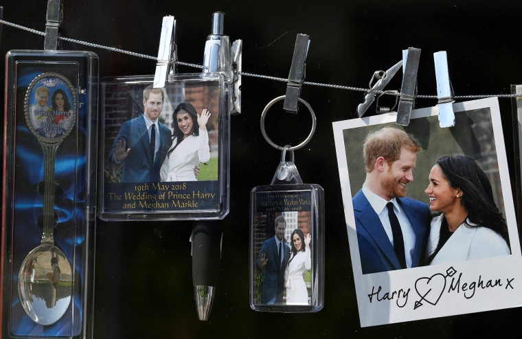 Image: Souvenirs themed on the forthcoming royal wedding between Prince Harry and Meghan Markle are seen for sale in Windsor