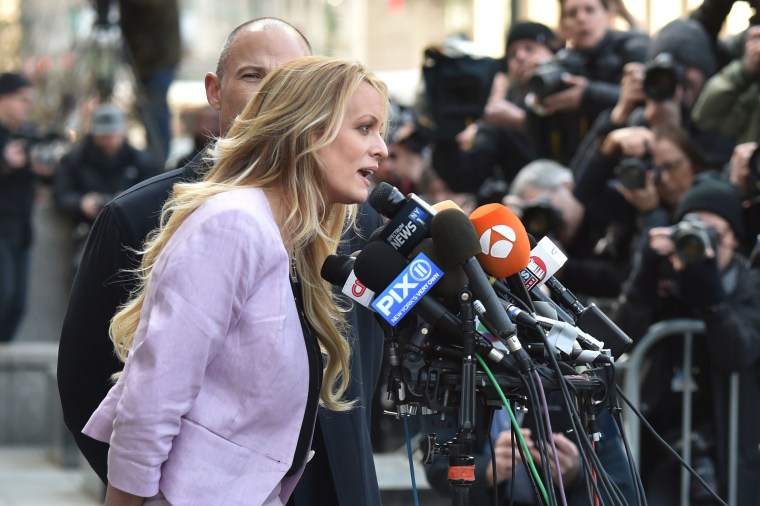 Image: Stormy Daniels speaks to members of the media outside U.S. Federal Court