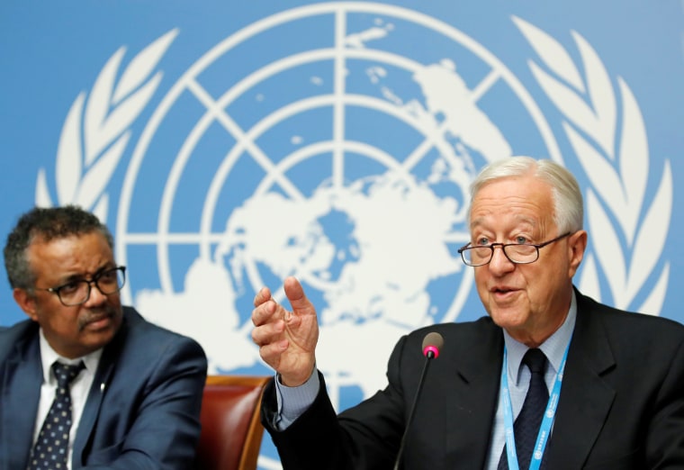 Image: Robert Steffen Chair of the Emergency Committee regarding Ebola at the World Health Organization and Tedros Adhanom Ghebreyesus Director-General of the WHO attend a news conference.