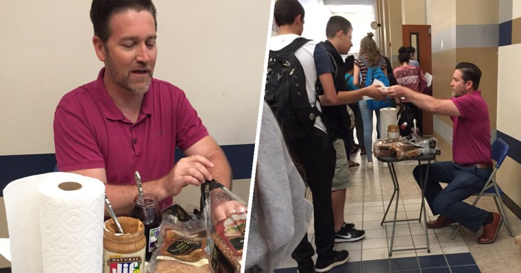 Mr. Johnston makes pb&j for his kids who didn't eat breakfast before our a test.