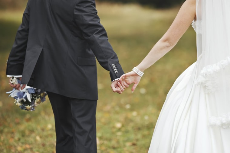 Bride and groom holding hands