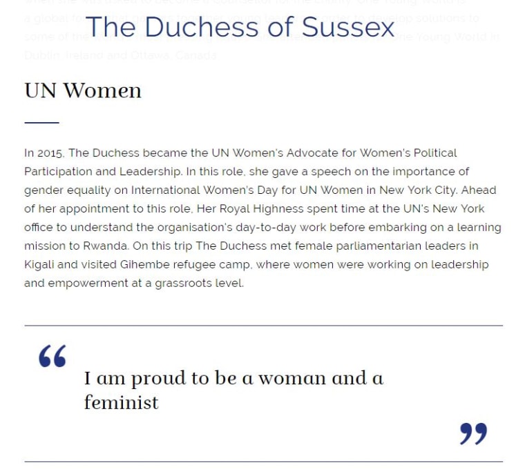 Image: An extract from the Meghan Markle's biography on the royal family website, under her new official title Duchess of Sussex.