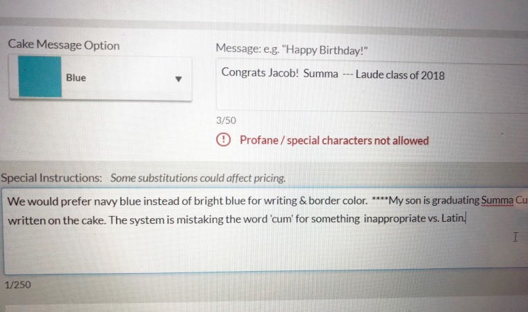 Image: Publix refused to write the words Summa Cum Laude on Cara Koscinski's because they claimed she was using 'profanity' They put three dashes instead of the word.