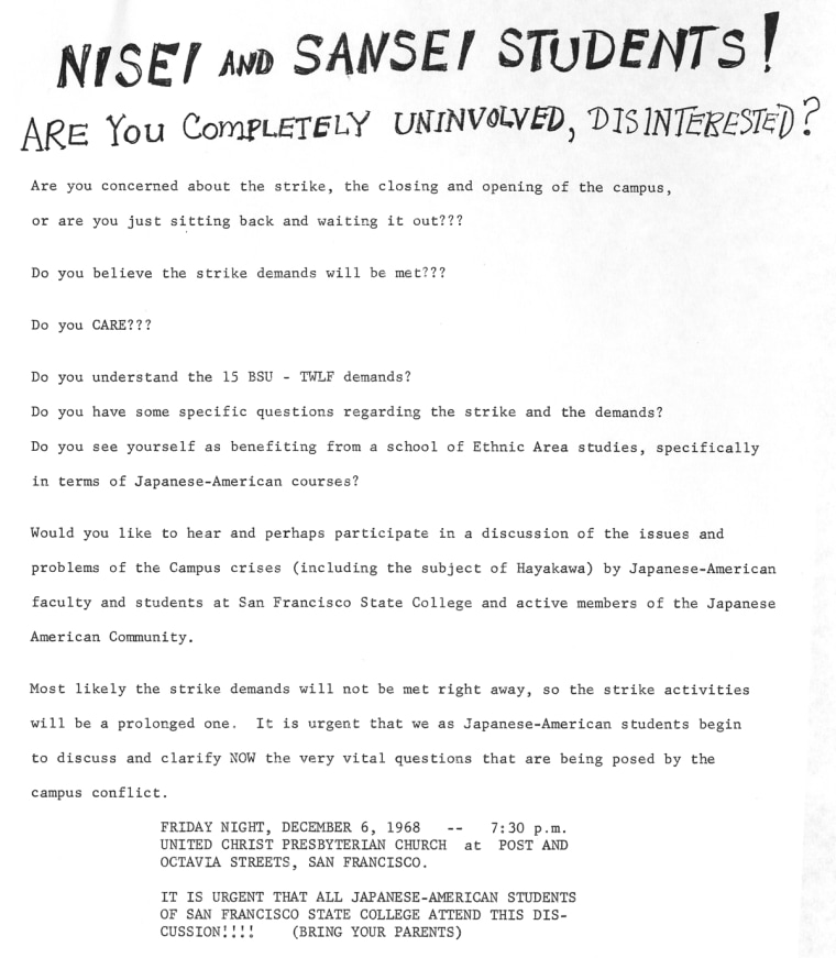 A handout from the late '60s advertising an informational meeting for Japanese-American students and faculty.