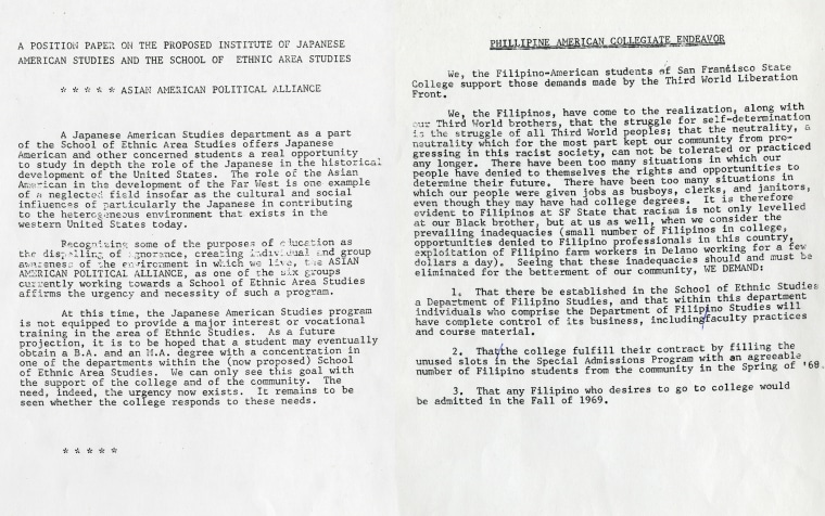 Left, a position paper on the proposed Institute of Japanese American Studies and the School of Ethnic Area Studies from the Asian American Political Alliance, and right, a document from the late '60s by Filipino-American students supporting the demands made by the Third World Liberation Front as well as presenting their own demands to fight racism on campus.