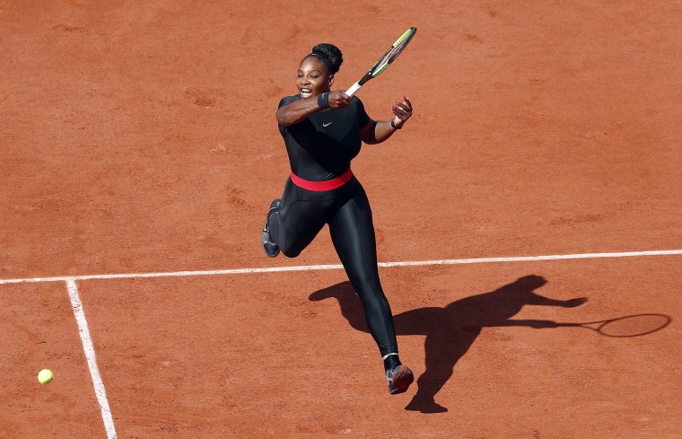 Serena Williams in a black catsuit at the 2018 French Open