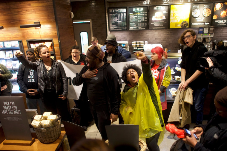 Image: Protesters demonstrate inside a Center City Starbucks in Philadelphia