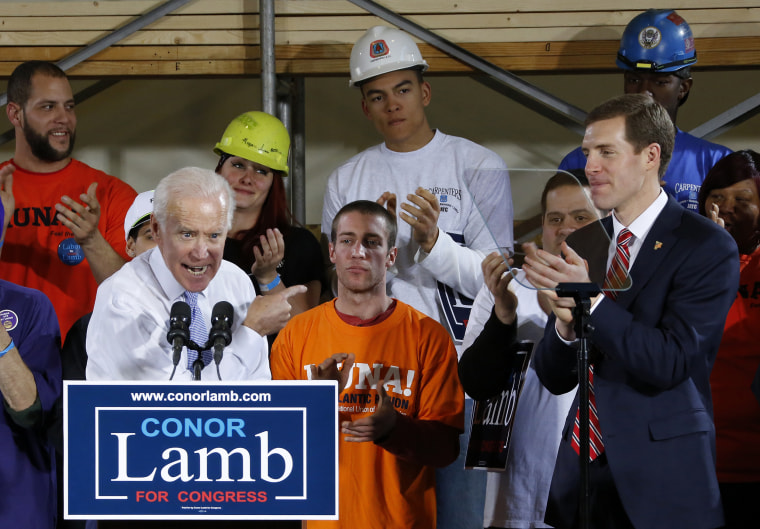 Former Vice President Joe Biden points at Conor Lamb