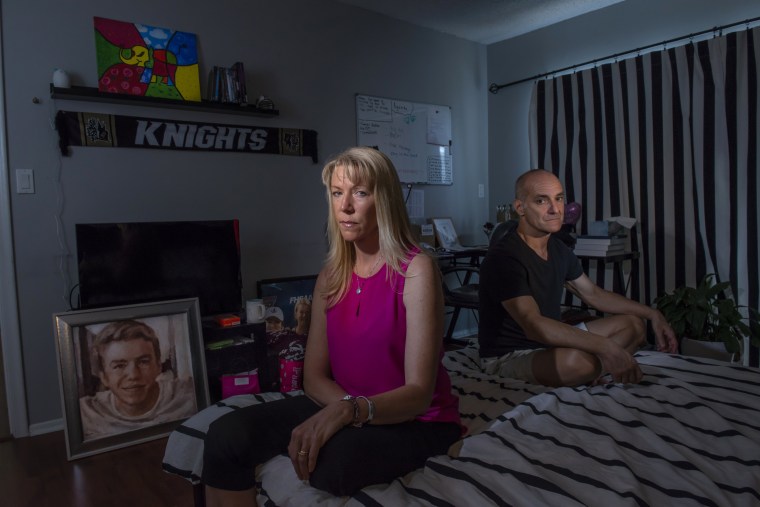 Image: Mitch and Annika Dworet sit in their son Nick's room at their home in Coral Springs