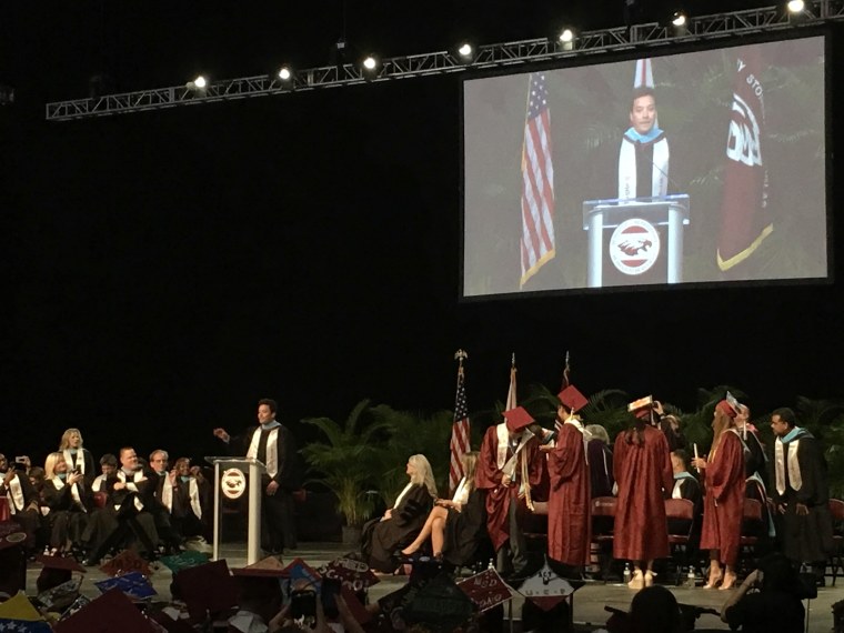Image: Jimmy Fallon speaks at the Marjory Stoneman Douglas High school commencement ceremony in Sunrise, Florida