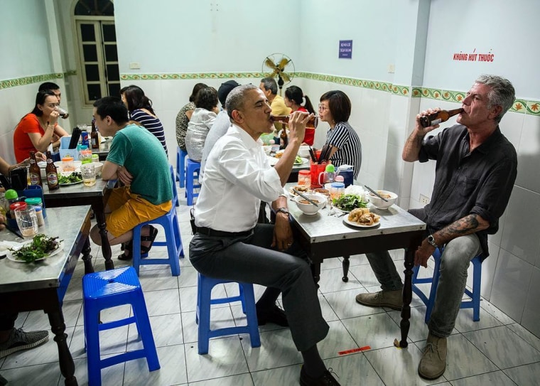 Bourdain shares a meal with President Barack Obam at the Bun Cha Huong Lien restaurant in Hanoi, Vietnam in 2016.
\"Total cost of bun Cha dinner with the president: $6.00,\" Bourdain tweeted. \"I picked up the check.\"
