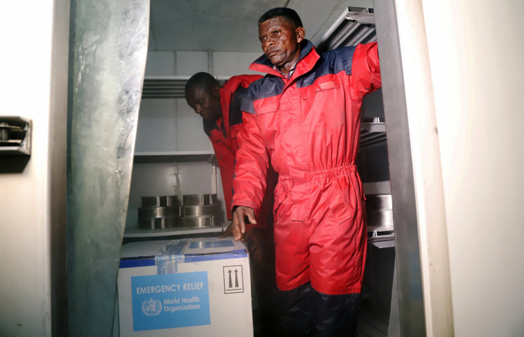 Image: Congolese Health Ministry officials arrange the first batch of experimental Ebola vaccines in Kinshasa, Democratic Republic of Congo, May 16, 2018.