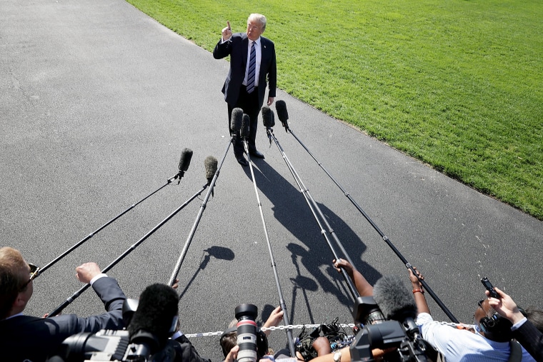 Image: U.S. President Donald Trump talks to members of the news media outside the White House on May 25, 2018 in Washington, DC.
