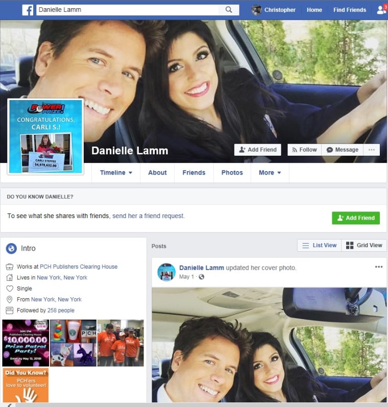 An imposter post that was found on Facebook using the name of Danielle Lam, a member of the well-known Publishers Clearing House Prize Patrol. Criminals use these pages to contact victims, making them believe they’re a winner. 