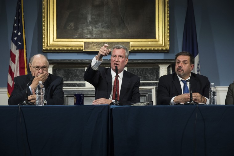 Image: Bill de Blasio speaks about public housing during a press conference at City Hall