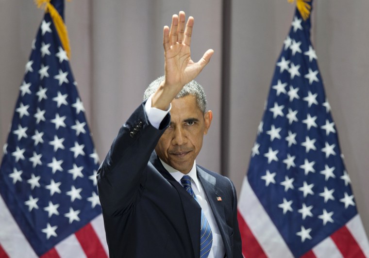 President Barack Obama waves as he leaves after speaking about the nuclear deal with Iran in 2015