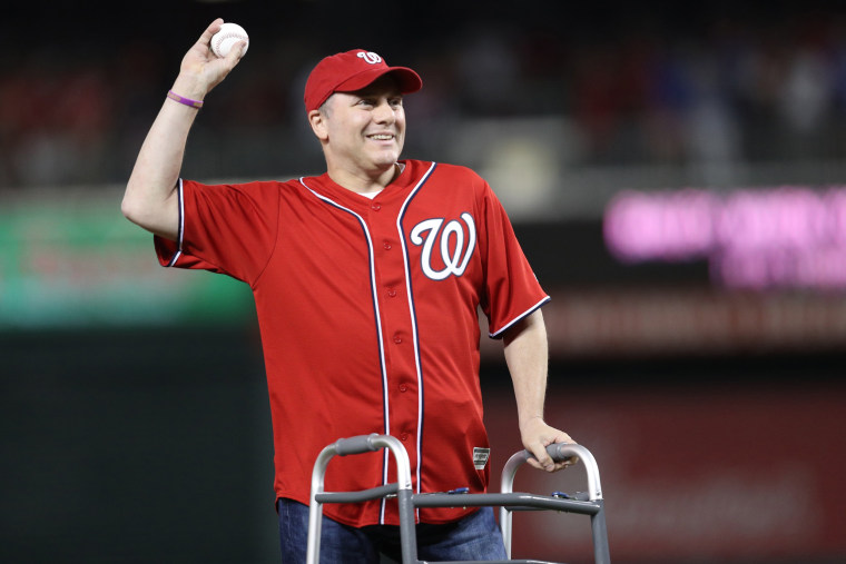 Image: Scalise throws the ceremonial first pitch prior to game one of the National League Division Series between the Chicago Cubs and Washington Nationals