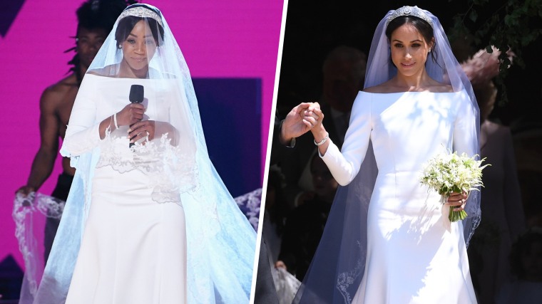 Host Tiffany Haddish speaks onstage during the 2018 MTV Movie and TV Awards / Britain's Prince Harry (L), Duke of Sussex and Meghan (R), Duchess of Sussex exit St George's Chapel