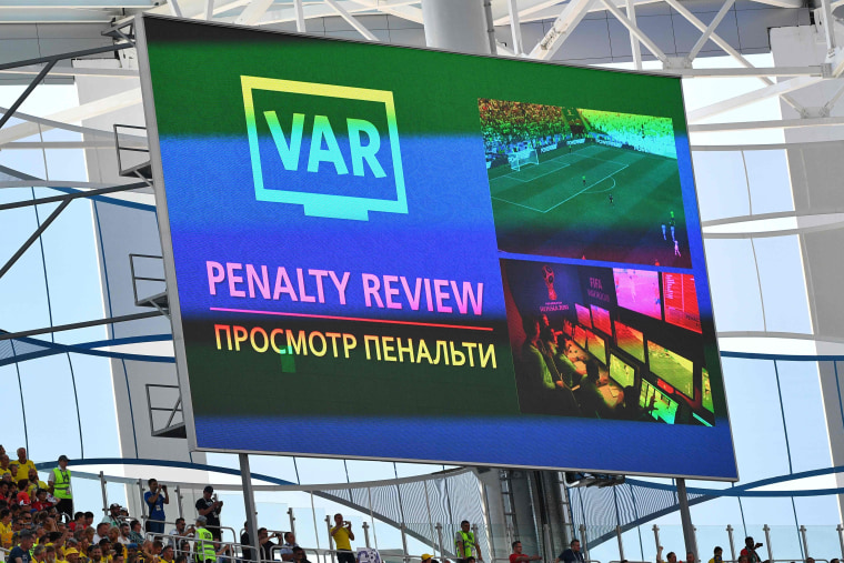 Image: The screen signals a VAR review during the Russia 2018 World Cup Group F football
