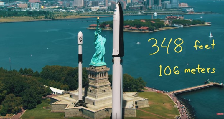 A still from a Corridor Crew video shows the relative sizes of SpaceX rockets and the Statue of Liberty.