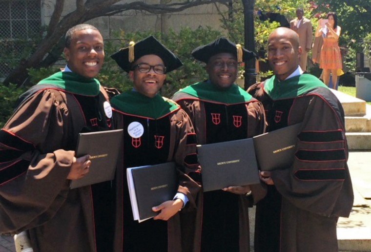 From left, Dr. Calvin Lambert Jr., Dr. Shakir McLean, Dr. Jerry Nnanabu and Dr. Gregory Barnett — four of the eight black men in Brown University medical school's 2015 graduating class. The class numbered 120.