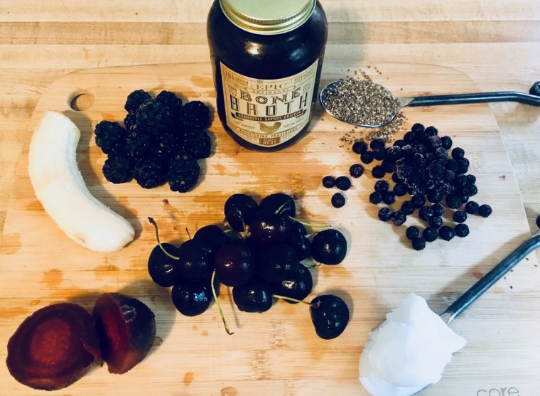 Ingredients for Deep Purple bone broth smoothie.