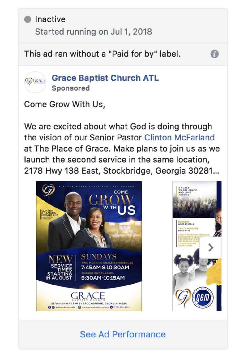 The ad from a reverend that Facebook's system flagged.