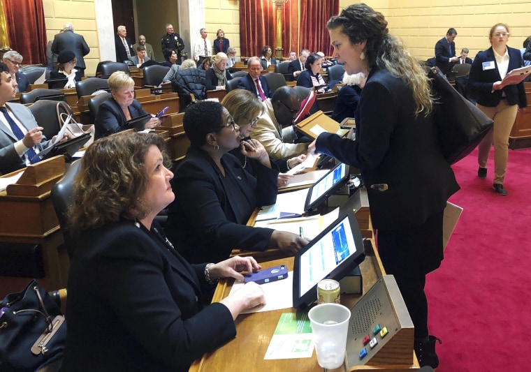 Democratic state Rep. Teresa Tanzi, standing, talks with Democratic Rep. Marcia Ranglin-Vassell