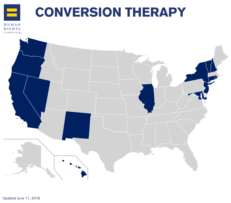 This map indicates states that protect LGBTQ youth from conversion therapy through licensing restrictions which prevent licensed mental health service professionals from conducting conversion therapy on youth under age 18.