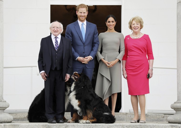Prince Harry and former Meghan Markle with Ireland President Michael Higgins and his wife and dogs