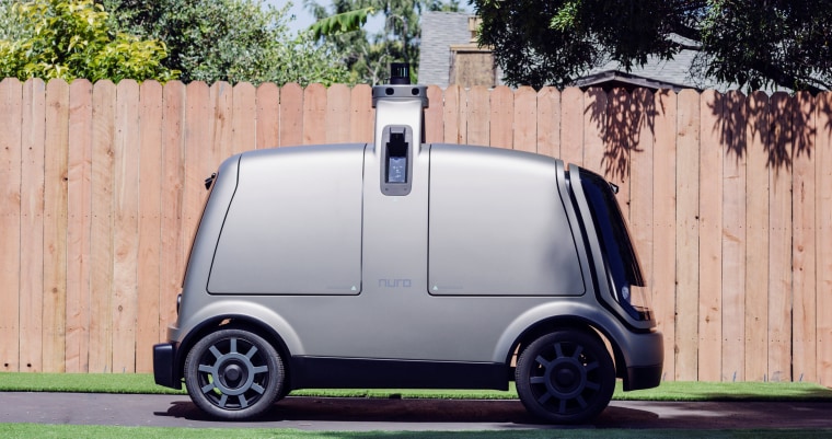 Image: Kroger Co. and Nuro's unmanned delivery vehicle is seen in this photo provided by Kroger in California