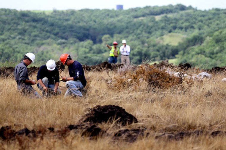 Image: Environmental workers take samples to assess level of contamination, and surveyors measure size of affected area at the site of saltwater spill