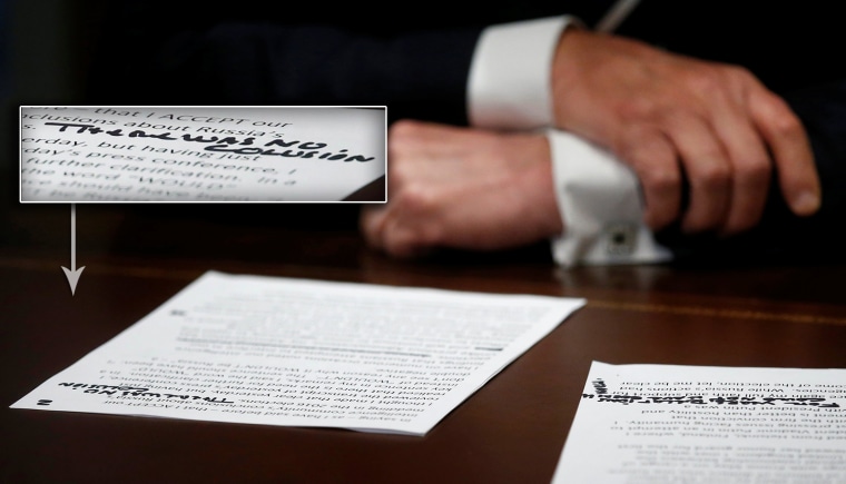 Image: U.S. President Trump's prepared remarks show handwritten notes as he speaks about meeting with Russian President Putin at the White House in Washington