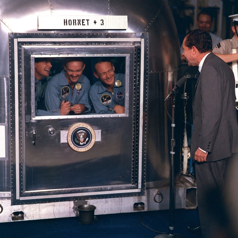 Image: Image: United States President Richard M. Nixon was in the central Pacific recovery area to welcome the Apollo 11 astronauts aboard the USS Hornet, prime recovery ship for the historic Apollo 11 lunar landing mission