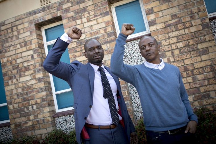 The first graduate Devon Simmons of the Prison to Pipeline Program in America (to the left), and a South African recent graduate and ex-offender Morgan Zonke (to the  right) pose for a portrait during the launch of the first P2P program in South Africa, o