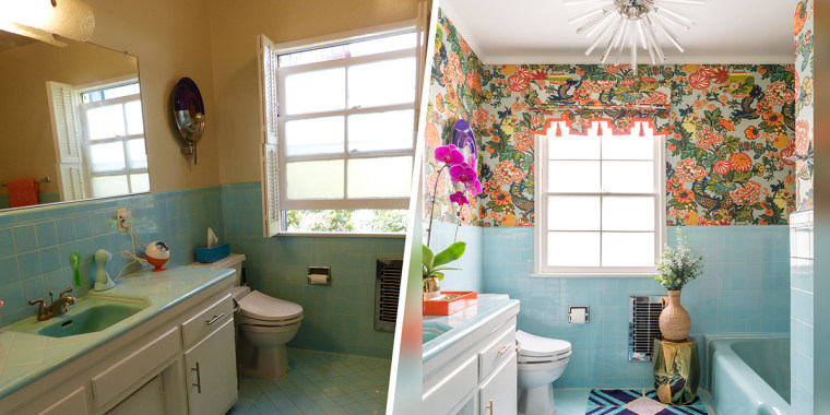 Bathroom makeover: Printed wallpaper makes colorful tile look new