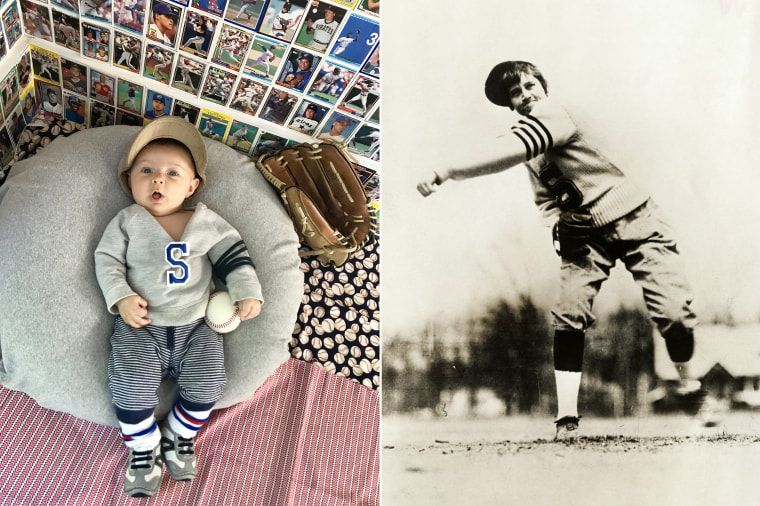 Baby Liberty dressed as one of the first female baseball pitchers in American history, Jackie Mitchell.