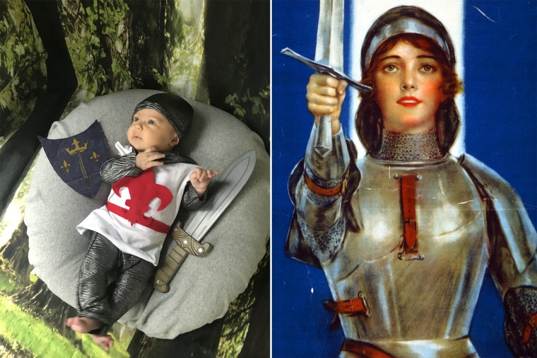 Baby Liberty as French martyr and saint Joan of Arc.