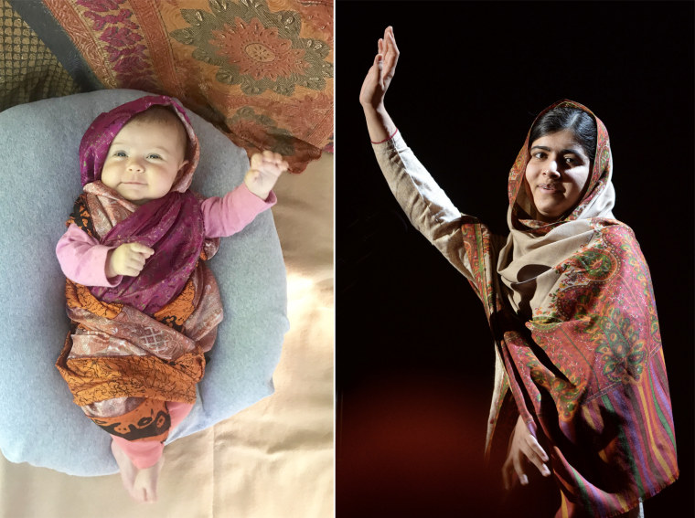 Baby Liberty dressed as Malala Yousafzai, Pakistani activist for female education and the youngest Nobel Prize laureate.