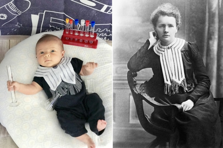 Baby Liberty as physicist, chemist and Nobel Prize winner Marie Curie, who conducted pioneering research on radioactivity.