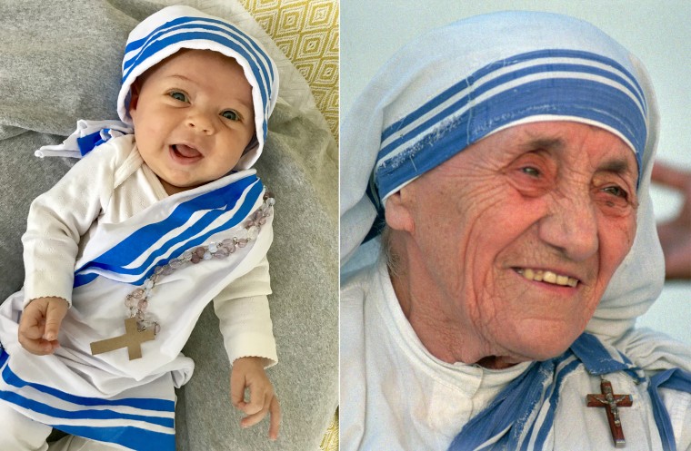 Baby Liberty dressed as Mother Teresa of Calcutta, catholic nun and saint.