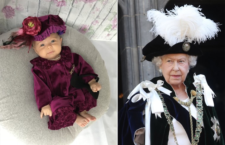 Baby Liberty dressed as the United Kingdom's Queen Elizabeth II.